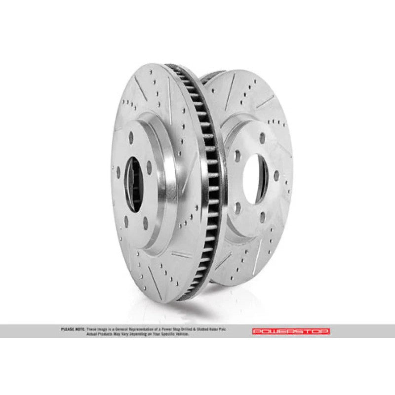 Pair of silver zinc-plated Power Stop Evolution drilled and slotted rear brake rotors for 2020-2024 Chevrolet Corvette.