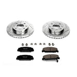 Power Stop Z23 Evolution Sport front brake kit featuring silver zinc-plated drilled and slotted rotors and brake pads.