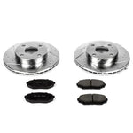 Power Stop Z23 Evolution Sport front brake kit featuring silver zinc-plated drilled and slotted rotors and brake pads.