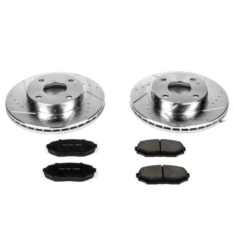 Power Stop Z23 Evolution Sport front brake kit featuring silver zinc-plated drilled and slotted rotors and brake pads.