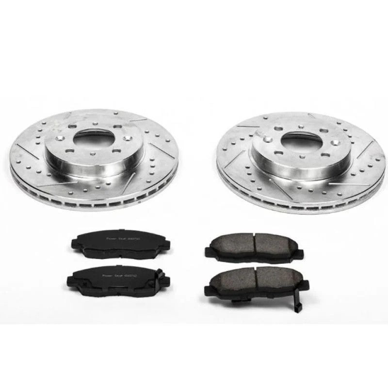 Power Stop K690 Z23 Evolution Sport brake kit featuring drilled and slotted rotors and carbon-fiber ceramic pads.