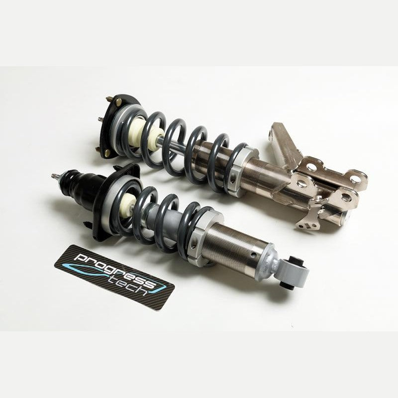 Nickel-plated Progress Tech CS3/RA rebound-adjustable coil-over suspension kit with orange springs for 2002-2006 Acura RSX.