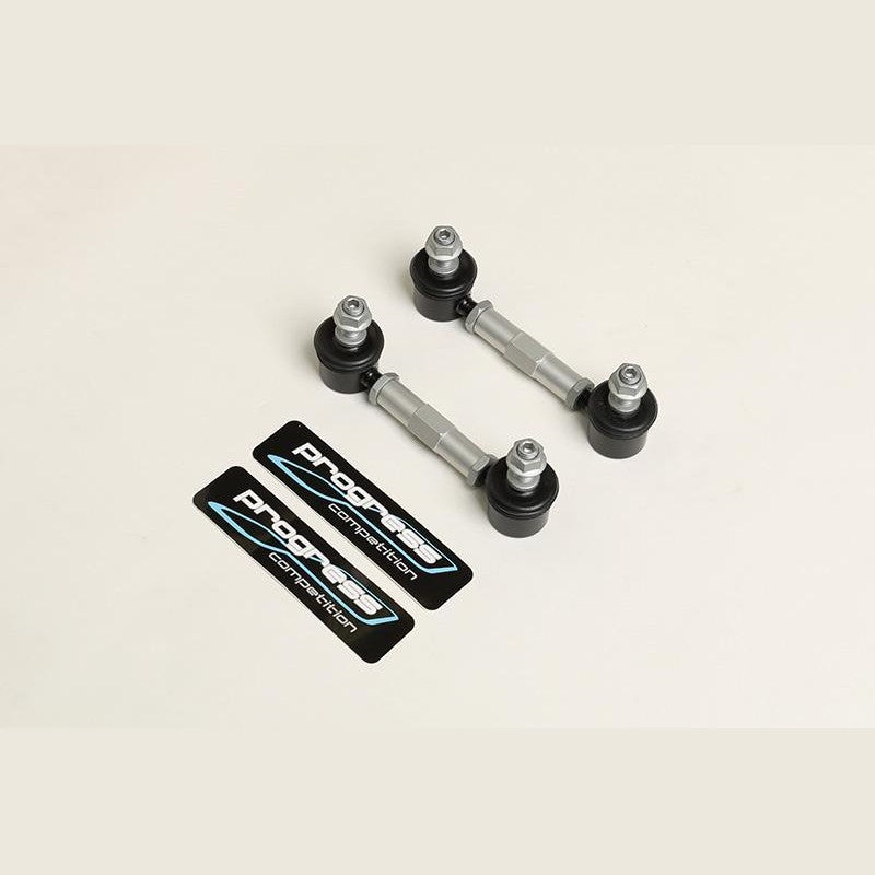 Progress Tech 3-piece adjustable sway bar end links featuring silver machined aluminum center connectors and HD ball joints.