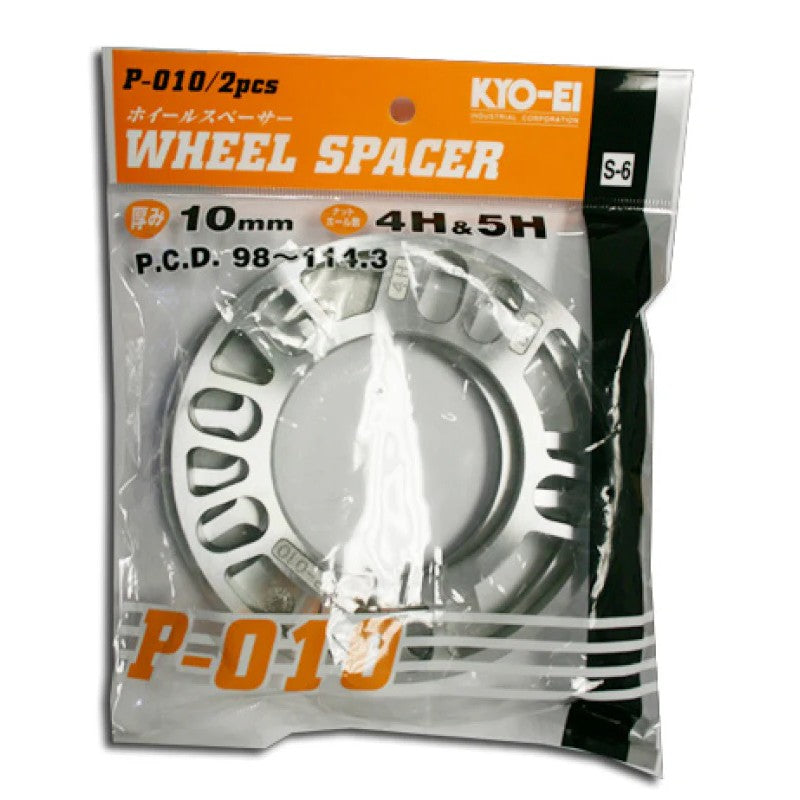 Pair of Project Kics 10mm universal wheel spacers with multi-bolt hole pattern for 4-lug and 5-lug hubs