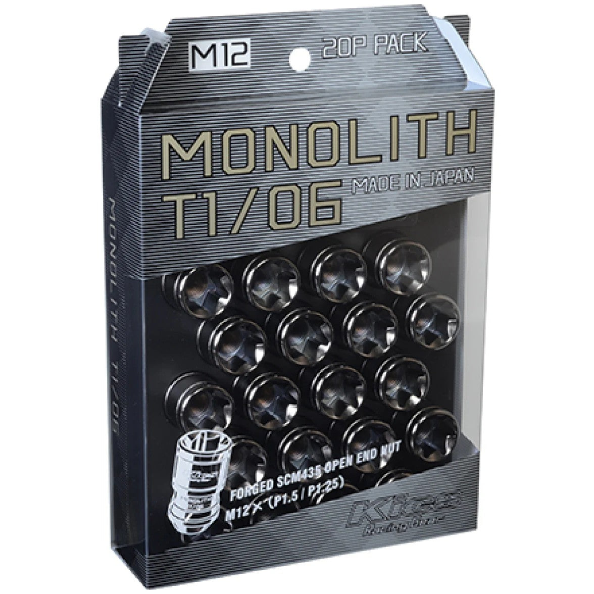 Project Kics Monolith T1/06 lug nuts in Glorious Black finish with internal drive installation tool.