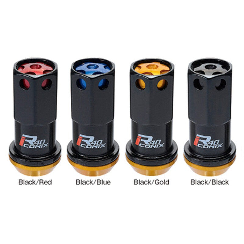 Single Project Kics R40 black forged steel lug nut showing the 60-degree floating taper seat and M12x1.25 threads.