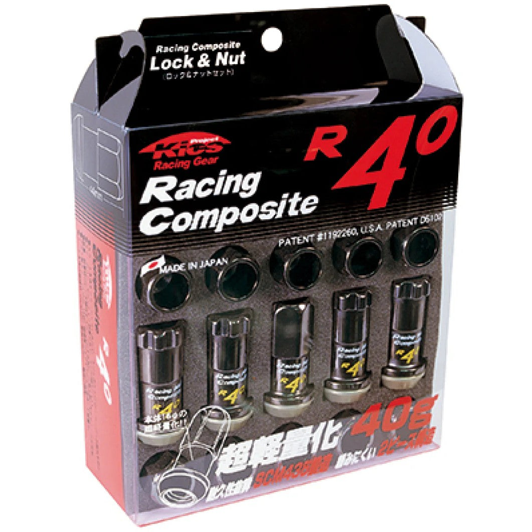 Project Kics R40 black M12x1.50 lug nuts and locks set with two installation socket keys.