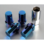 Project Kics Caliber heptagonal wheel lug nut featuring a Titanium Blue finish and M12x1.50 thread pitch.