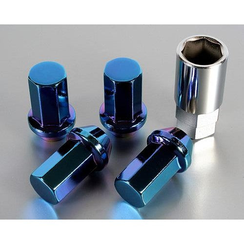 Project Kics Caliber heptagonal wheel lug nut featuring a Titanium Blue finish and M12x1.50 thread pitch.