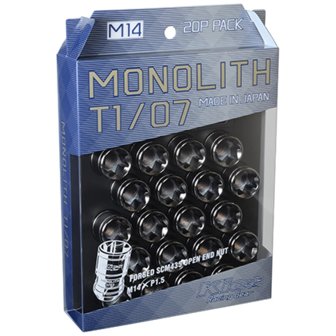 Project Kics Monolith T1/07 lug nuts in Glorious Black finish, M14x1.5 thread, set of 20 pieces.