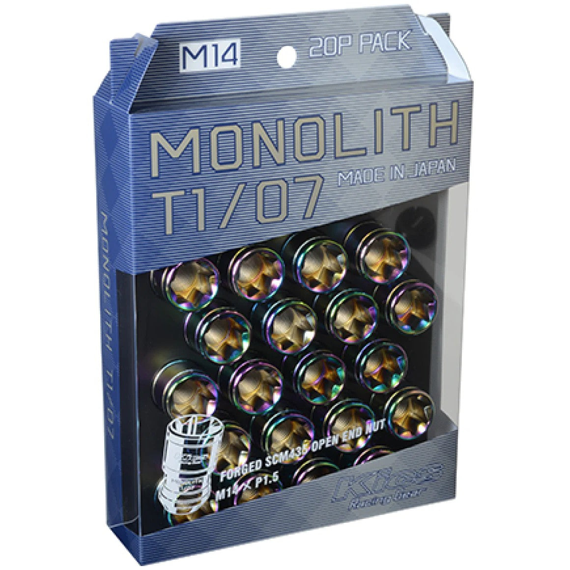 Set of 20 Project Kics T1/07 Monolith lug nuts in Neochrome finish with 14x1.5 thread pitch
