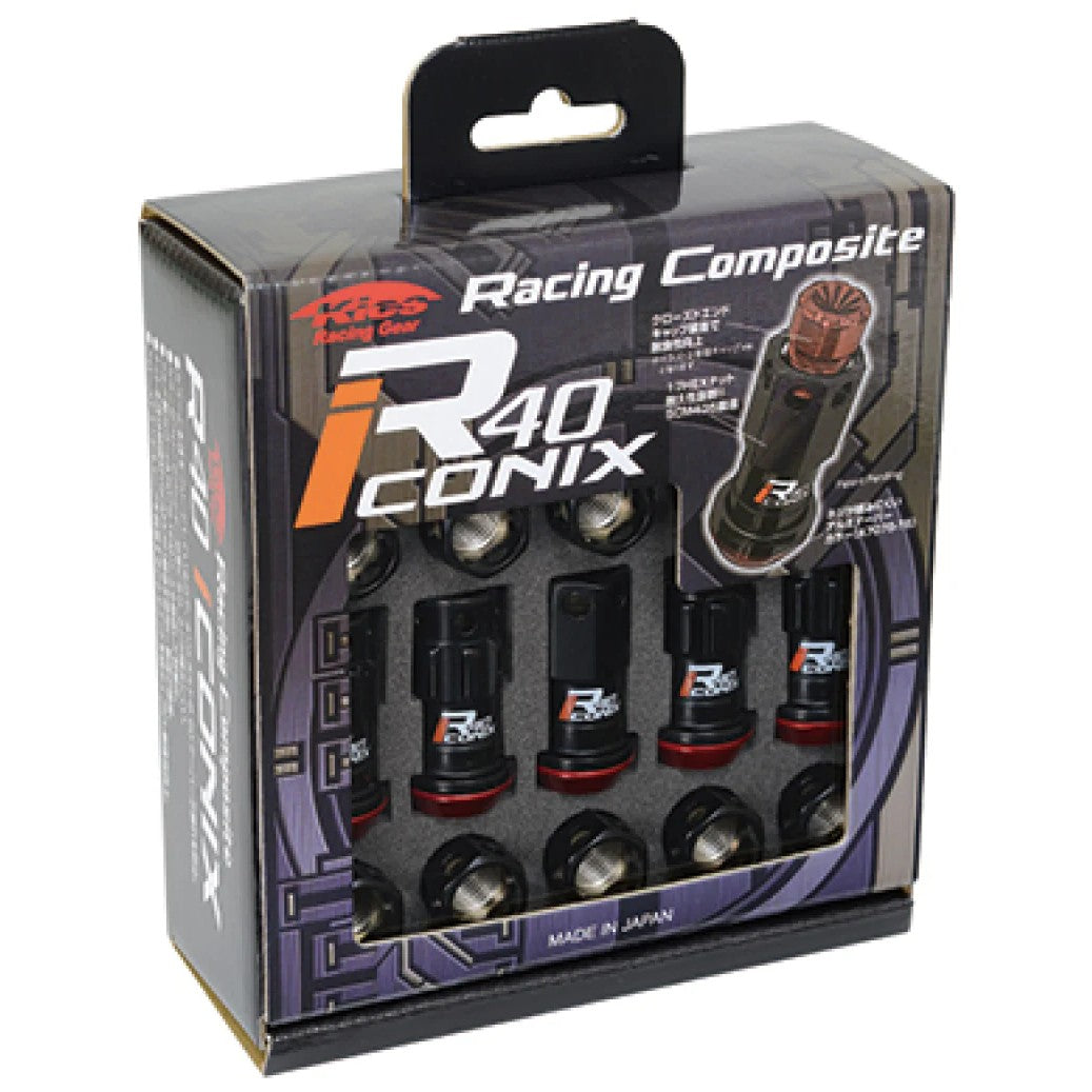 Black Project Kics 14x1.50 open-end lug nuts and locks featuring gold floating washers.