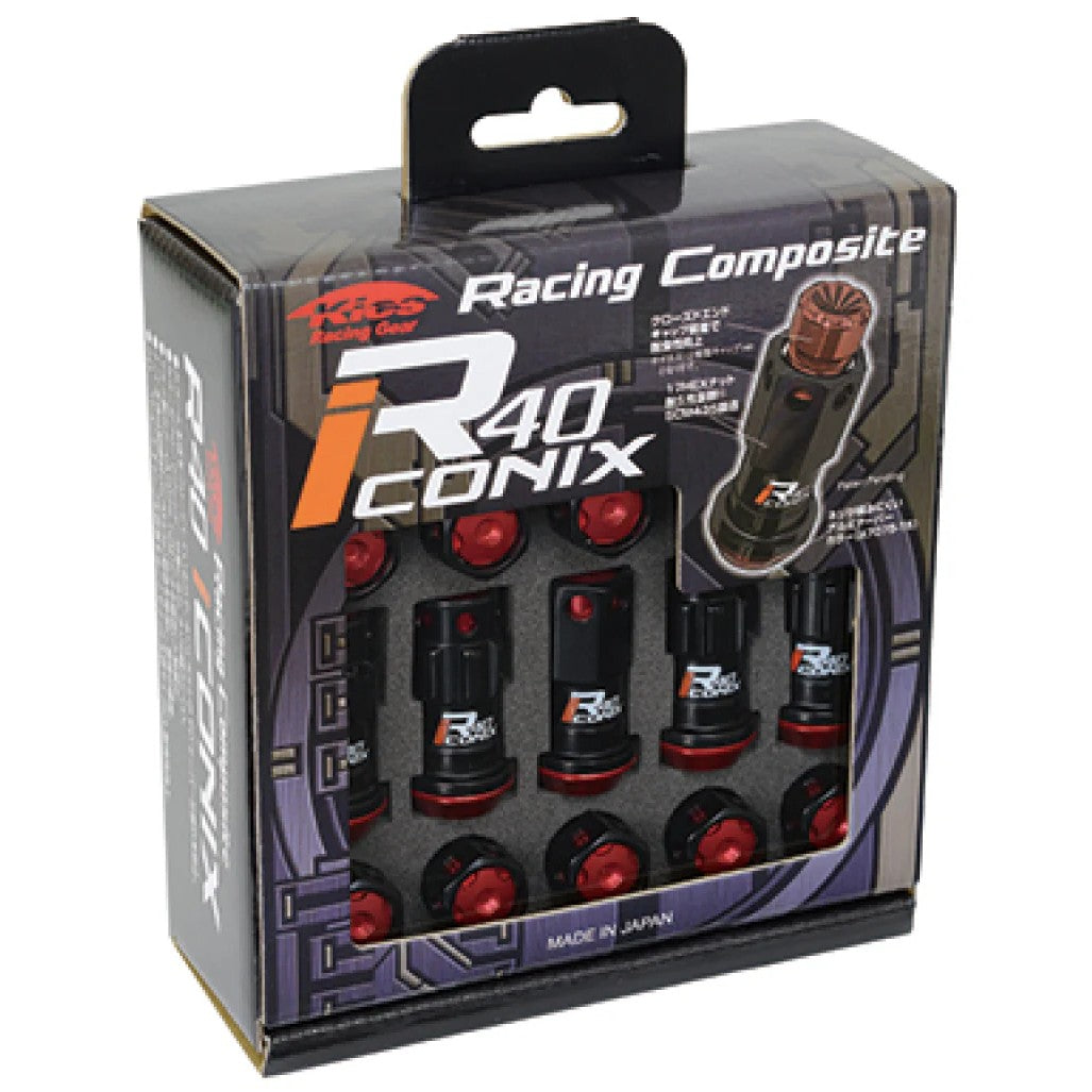 Black Project Kics R40 Iconix lug nuts and wheel locks with red end caps and 14x1.50 thread pitch