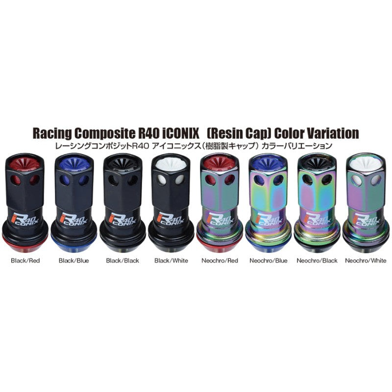 Project Kics R40 Iconix Neochro lug nuts and locks with black plastic caps and floating tapered seats.