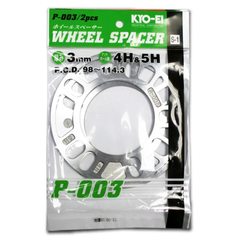 Pair of Project Kics 3mm silver aluminum universal wheel spacers with multi-fit bolt patterns.