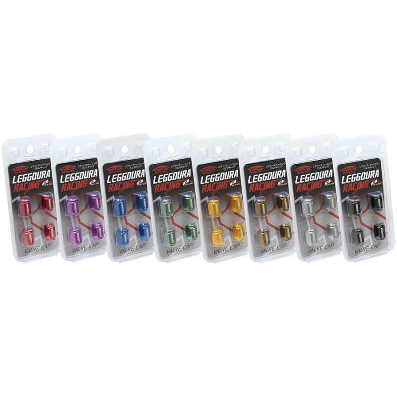 Set of four red Project Kics Leggdura Racing valve caps for Schrader tire stems