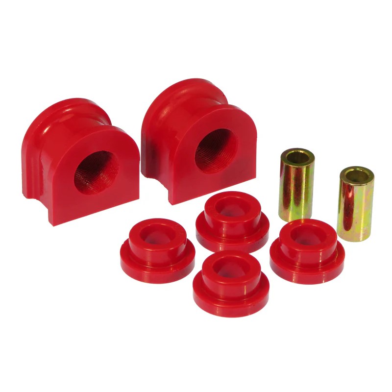 Two red Prothane rear sway bar bushings with a 1.1-inch bore size for 2000-2005 Chevrolet and GMC SUVs.