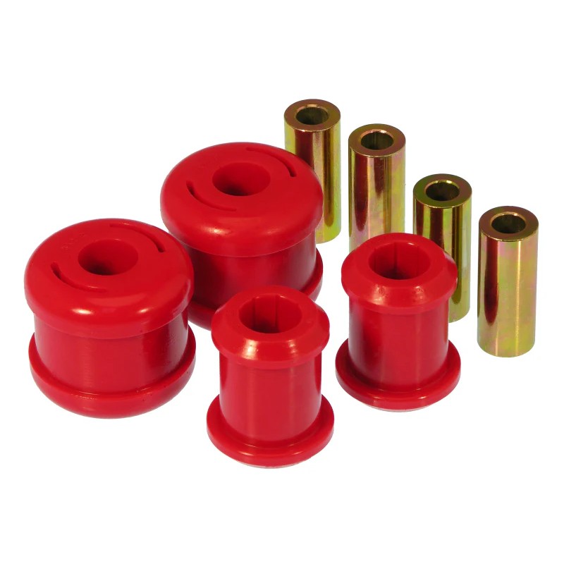Set of red polyurethane front control arm bushings by Prothane for 2001-2006 Honda Civic and Acura RSX.