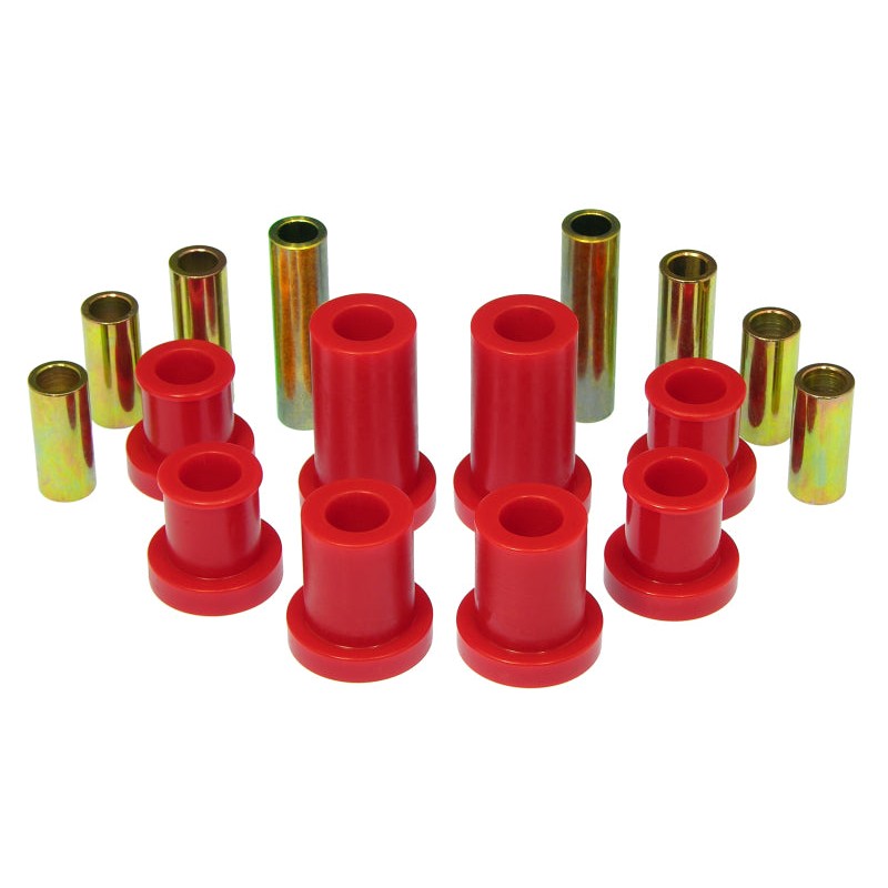 Red polyurethane front upper and lower control arm bushings for 2007-2014 Chevy Silverado.