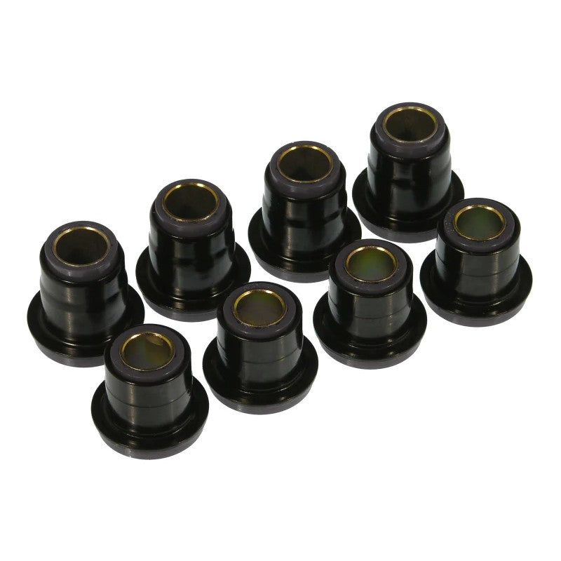 Black polyurethane front control arm bushings and metal sleeves for 1955-1982 Chevrolet vehicles.