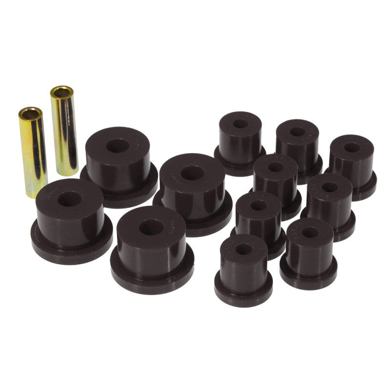 Black Prothane rear leaf spring and shackle bushings for 1964-1973 Ford Mustang.