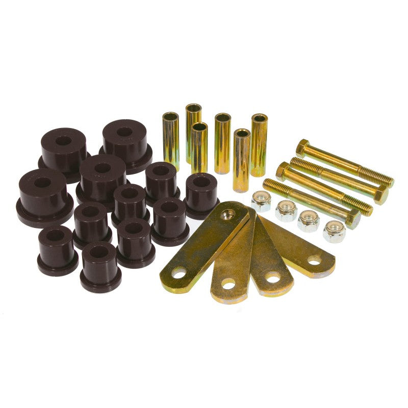 Prothane black polyurethane rear spring bushings and heavy duty metal shackle kit for 1964-1973 Ford Mustang.