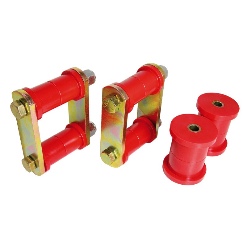 Red Prothane polyurethane rear leaf spring bushings and heavy-duty shackle hardware kit for 1964-1973 Ford Mustang.