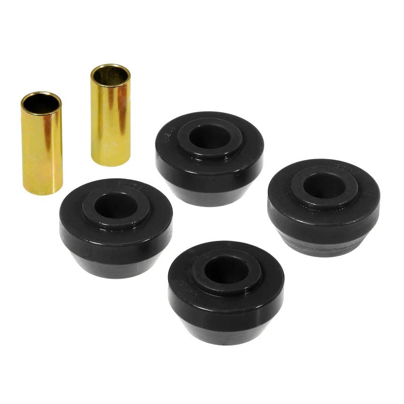 A pair of black Prothane polyurethane strut arm bushings for 1965-1976 Dodge and Plymouth suspension systems.