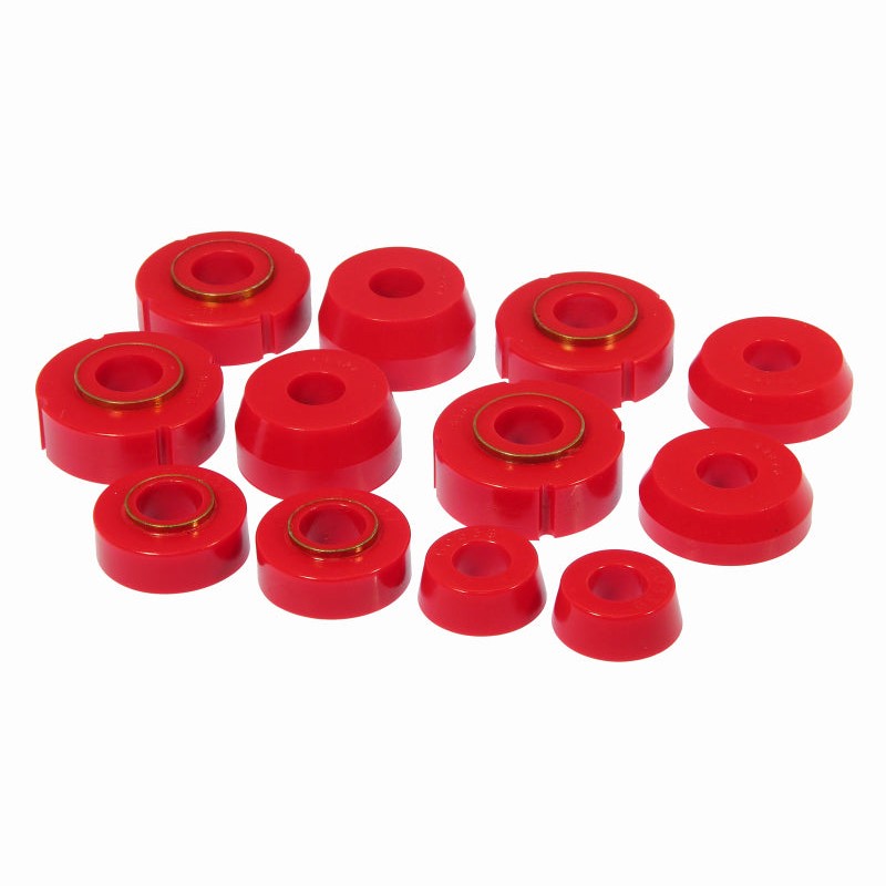 Red Prothane polyurethane body mount bushing kit for 1975-1979 Ford F-150, F-250, and F-350 2WD trucks.