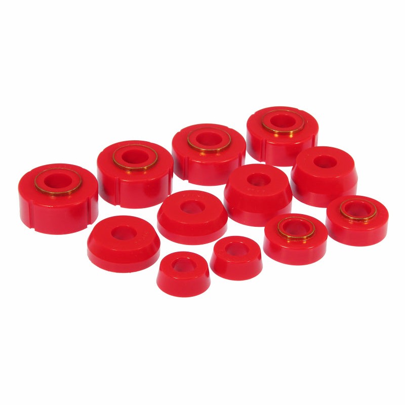 Red Prothane polyurethane body mount bushings for 1975-1979 Ford F-150, F-250, and F-350 4WD trucks.