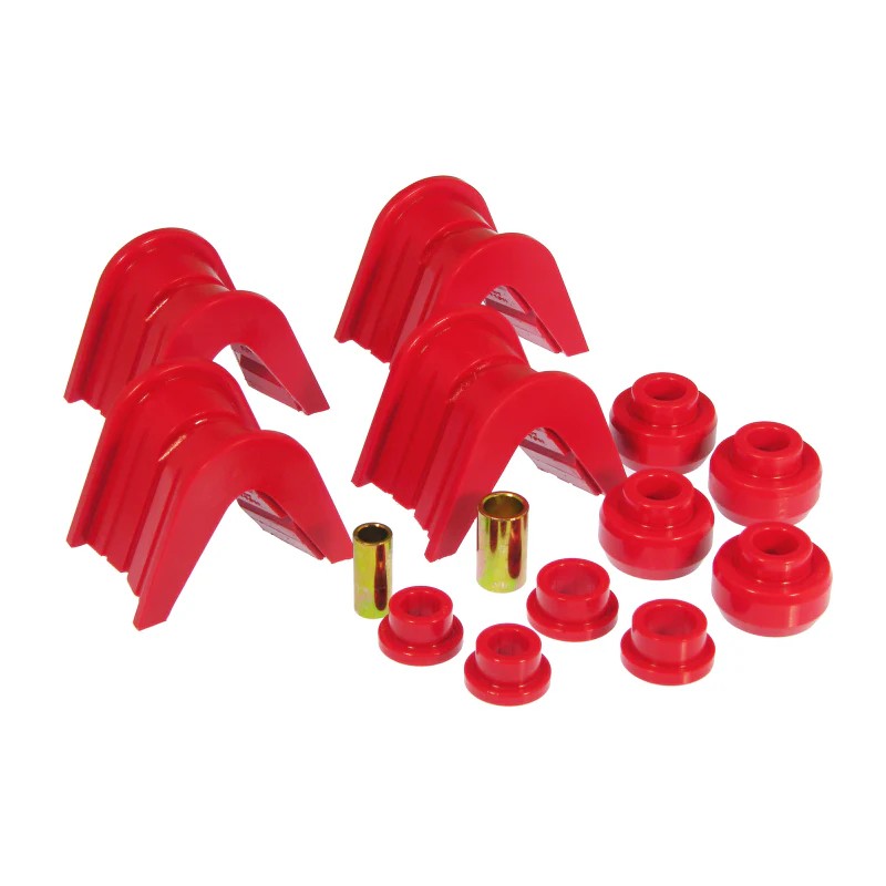 Fourteen-piece red Prothane polyurethane bushing kit with 7-degree offset for 1966-1979 Ford Bronco and F-Series trucks.