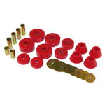 Red polyurethane body mount bushings and hardware for 1967-1972 Chevrolet C10 trucks.