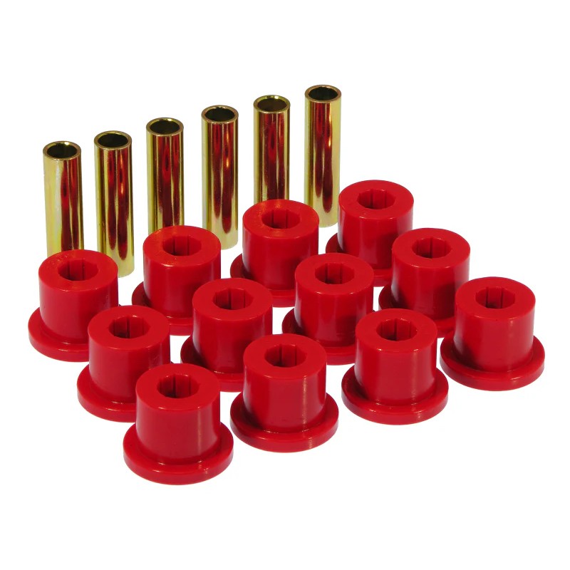 Red Prothane polyurethane rear spring and shackle bushings with 1.5 inch inner diameter