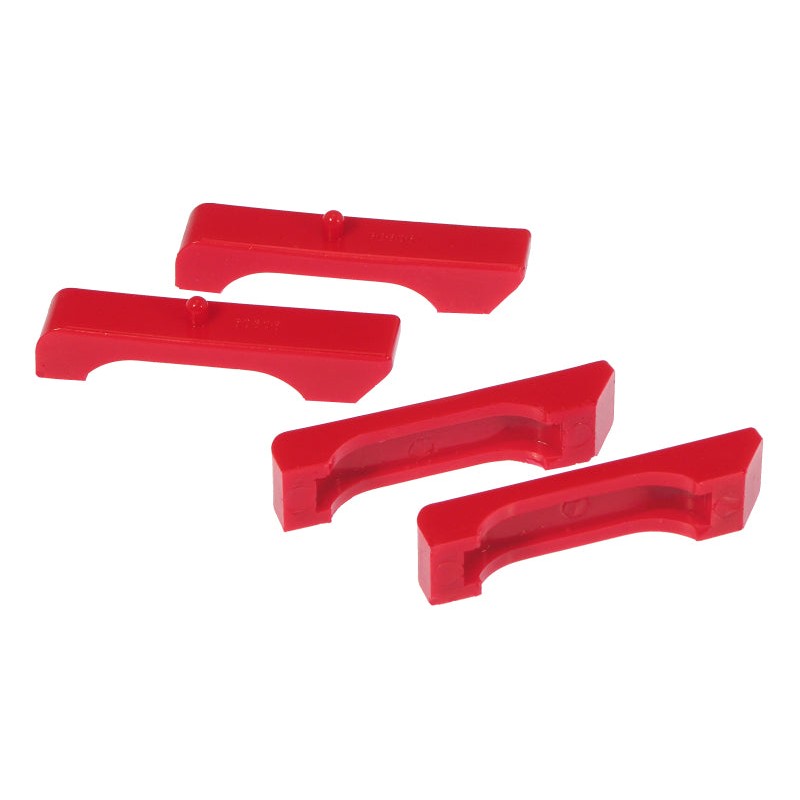 Four red Prothane polyurethane radiator isolators for 1968-1987 GM Small Block engines.