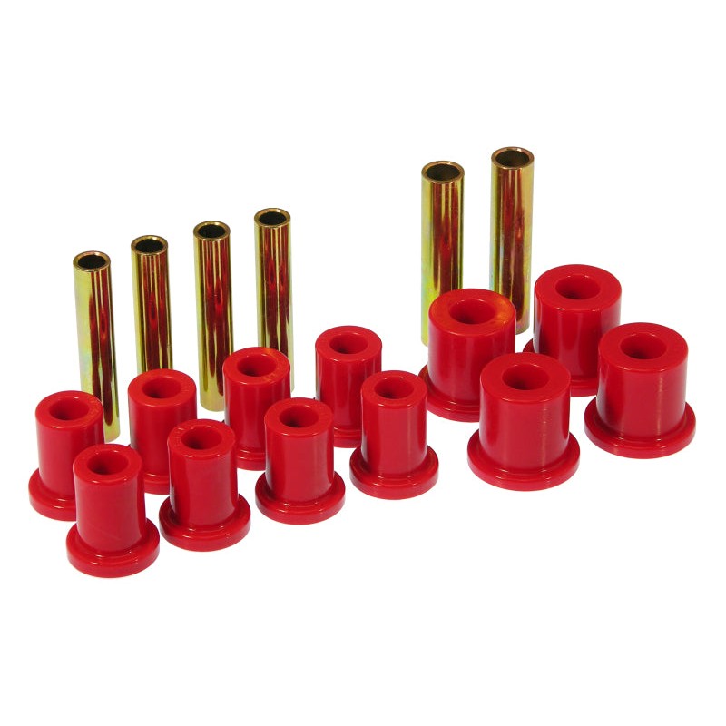 Red Prothane polyurethane front leaf spring bushings for 1971-1987 Chevrolet and GMC K10, K20, and K30 4WD trucks.