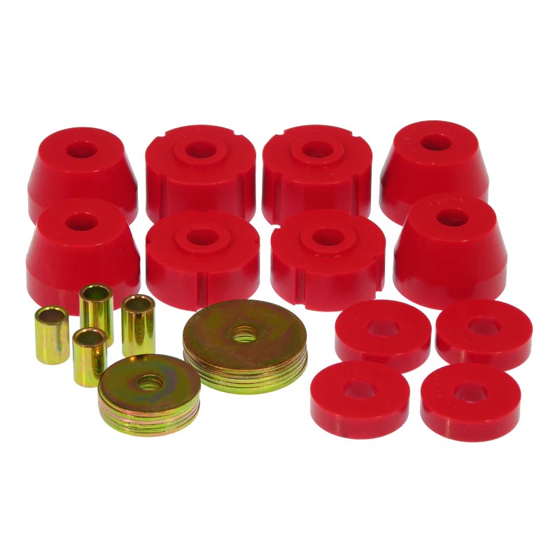 Red polyurethane body mount bushings and hardware kit for 1972-1985 Dodge D-Series and W-Series pickup trucks.