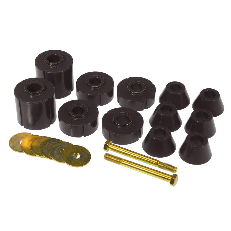 Prothane black polyurethane body mount 12-piece bushing kit for 1975-1980 Chevrolet and GMC trucks.