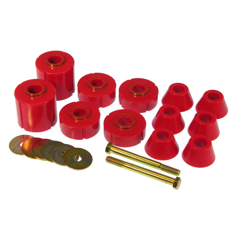 Red Prothane polyurethane body mount bushing kit with 12 pieces for 1975-1980 GM trucks
