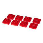 A pair of red Prothane polyurethane front crossmember mounts for 1975-1980 MG MGB.