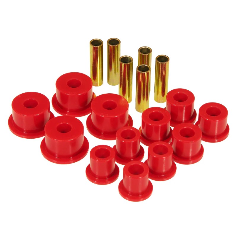 Prothane red polyurethane front leaf spring and shackle bushing kit for 1974-1991 Jeep vehicles.