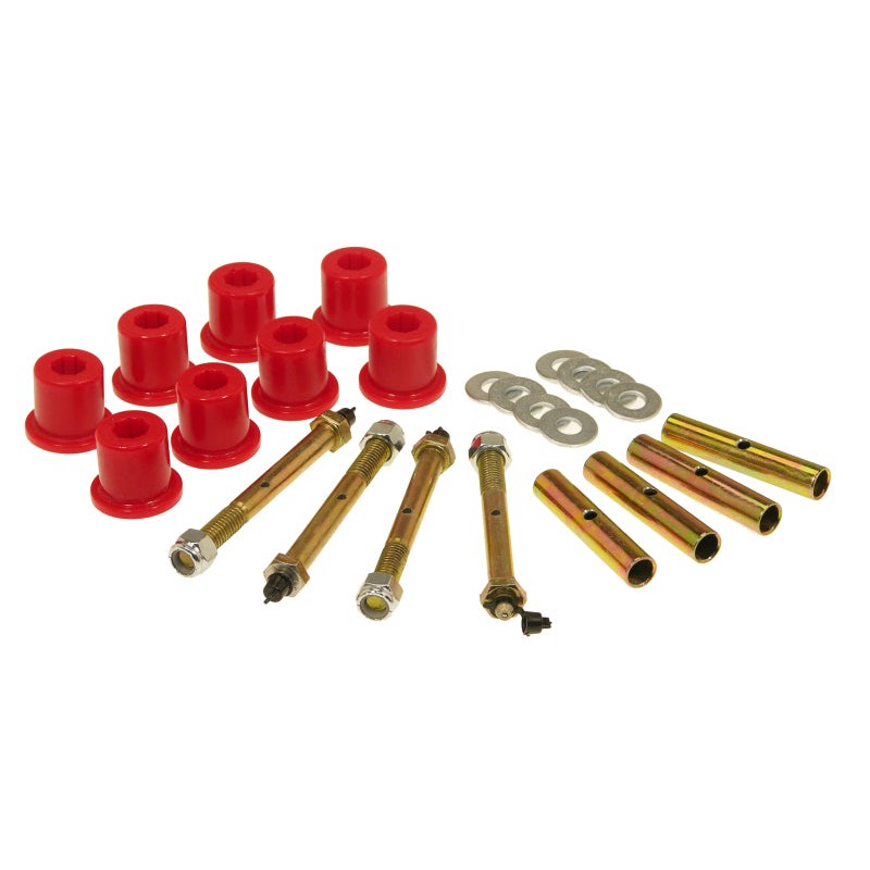 Set of red polyurethane front leaf spring shackle bushings for 1976-1986 Jeep CJ series vehicles.