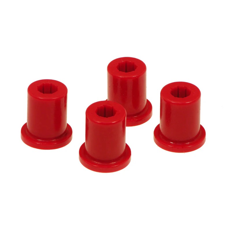 Red Prothane polyurethane rear frame shackle bushing kit for 1976-1986 Jeep CJ5 and CJ7.