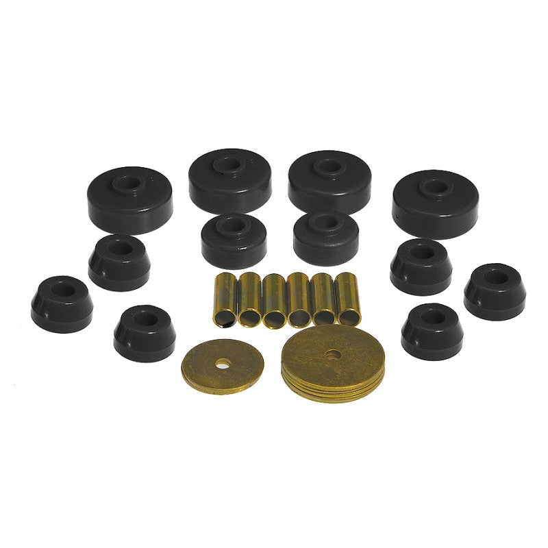 Prothane 18-101-BL black polyurethane body mount kit components for 1980-1988 Toyota Pickup 4WD.