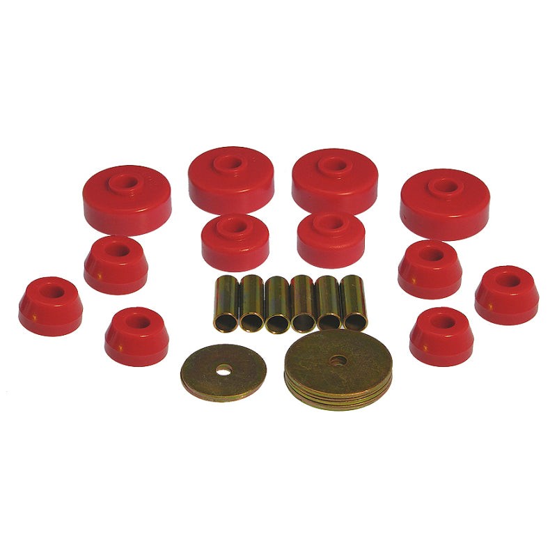 Prothane 18-101 red polyurethane body mount bushing kit with metal sleeves for 1980-1988 Toyota Pickup.