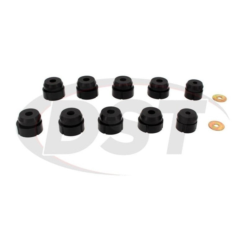 Black Prothane polyurethane body mount bushings for 1980-1996 Ford Bronco 2WD and 4WD models.