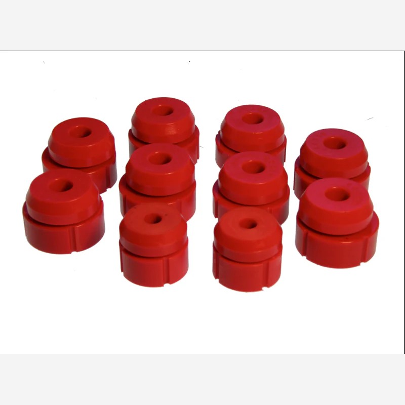 Red Prothane polyurethane body mount bushings and hardware for 1980-1996 Ford Bronco 4WD and 2WD models.