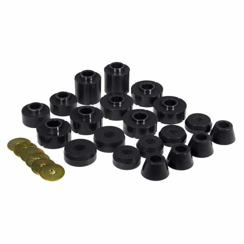 Prothane black polyurethane body mount kit for 1980-1996 Ford F-150, F-250, and F-350 trucks.