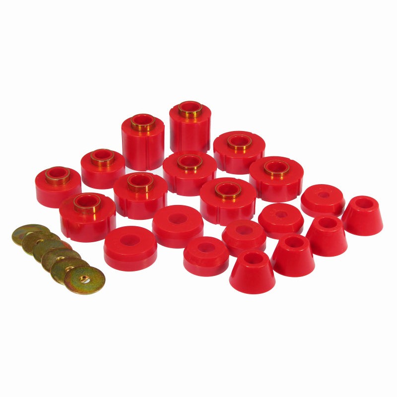 Red Prothane polyurethane body mount bushing kit for 1980-1996 Ford F-150, F-250, and F-350 trucks.