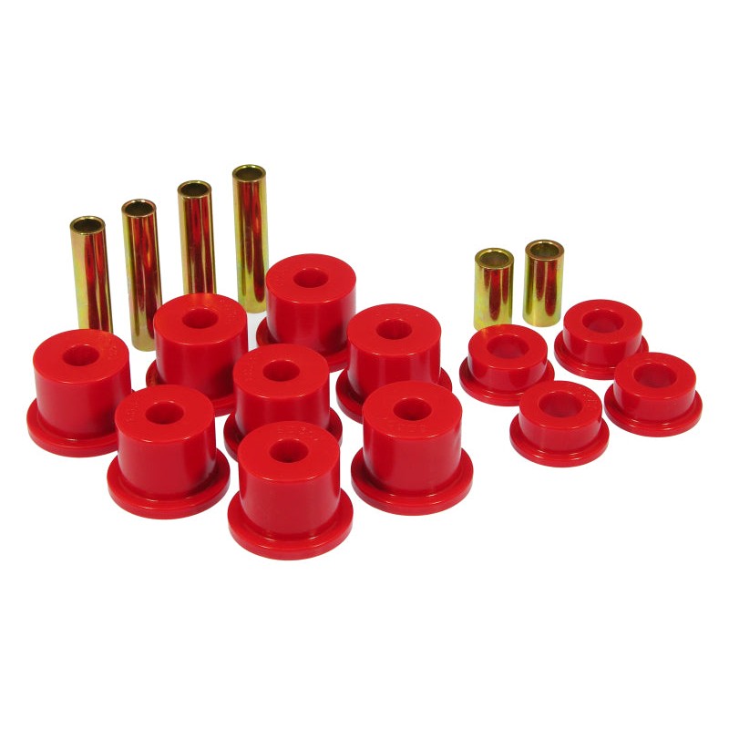 Prothane red polyurethane front leaf spring bushings for 1980-1998 Ford F-250 and F-350 4WD trucks.