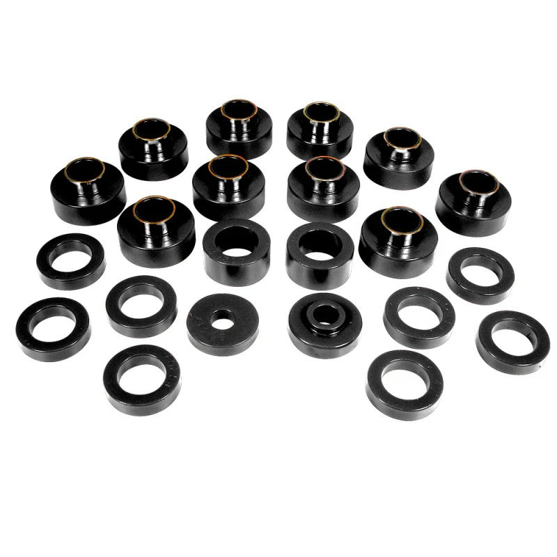 Prothane 1-104-BL black polyurethane body mount bushing kit for Jeep CJ series vehicles.